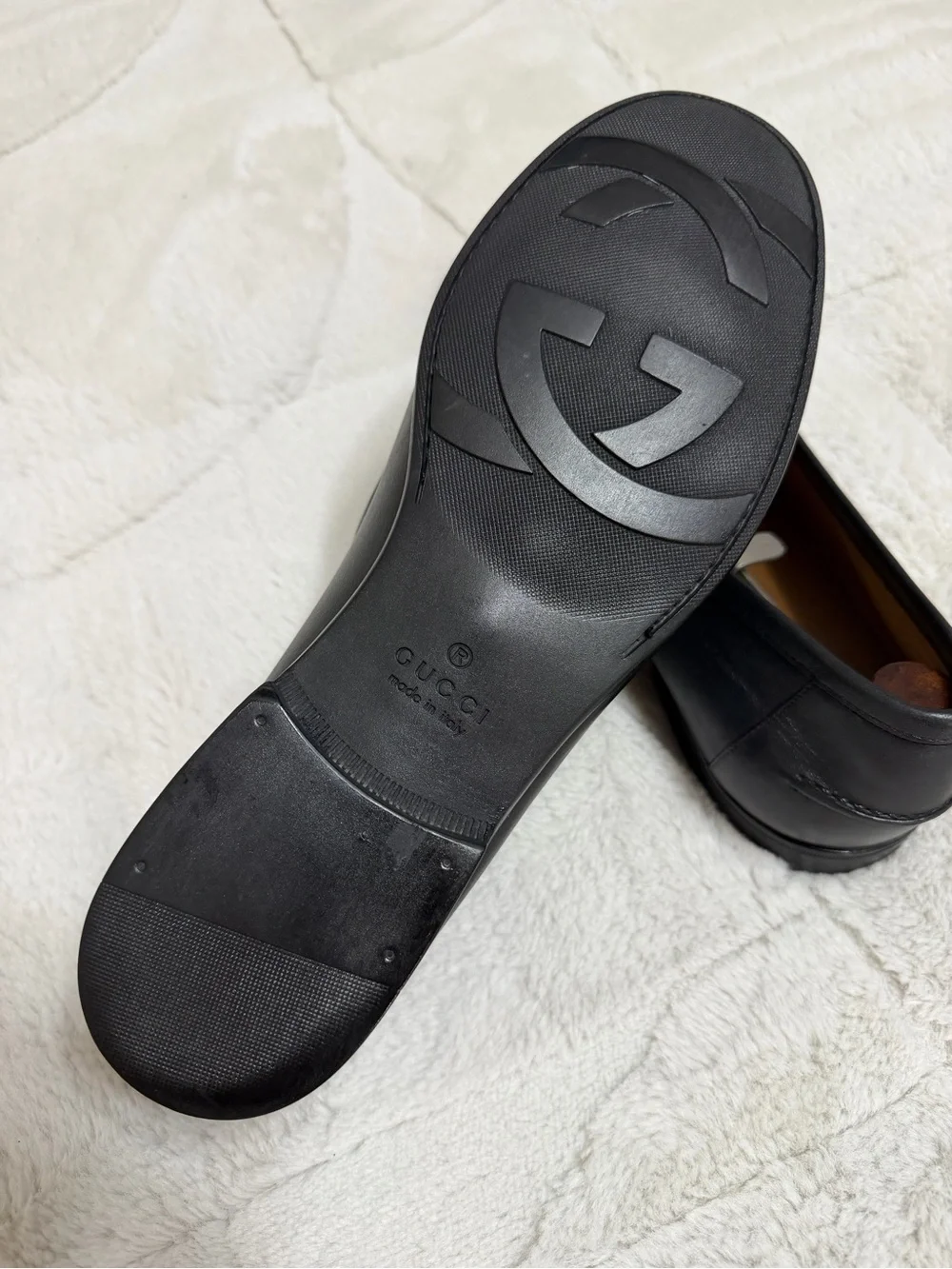 LIKE NEW! $995 Gucci Black Leather Loafers Web Strap Green Red Accent 9